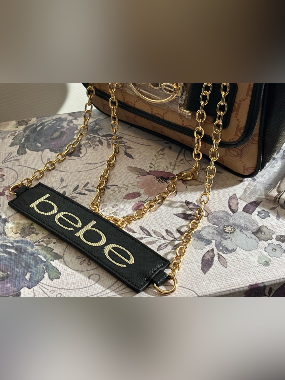 bebe Beige & Black Monogram Bag Shoulder or Crossbody with Gold Hardware - Picture 6 of 8